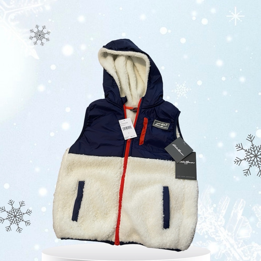 NWT. Boy’s Eddie Bauer Fleece Zip Front Vest. Size 6. Hooded. White, Blue, Red.